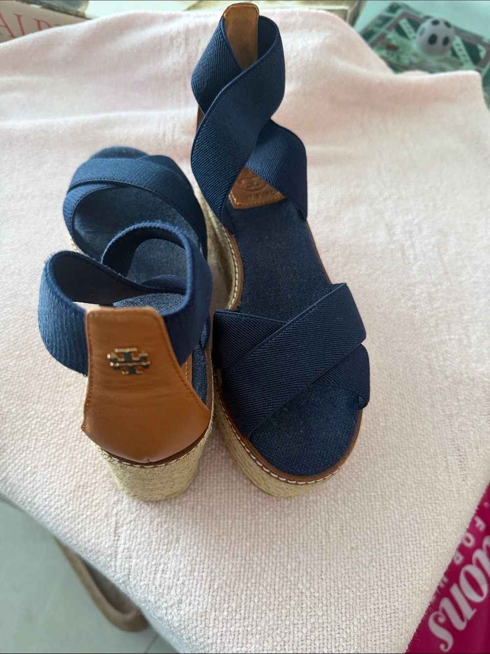 Tory Burch Navy and Tan Kids Espadrille Wedge Sandals